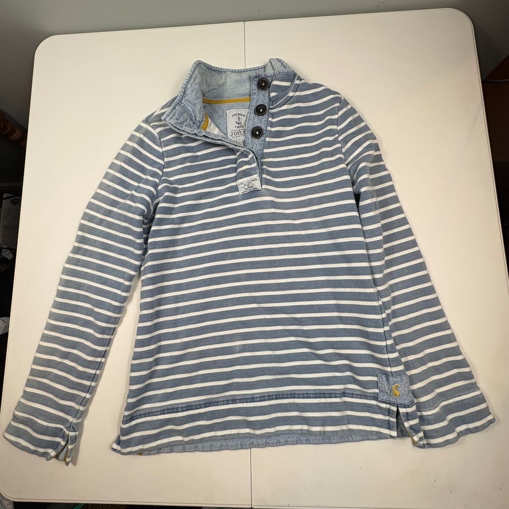 Joules Womens Blue White Striped Button Funnel Neck Pullover Sweatshirt Size 4